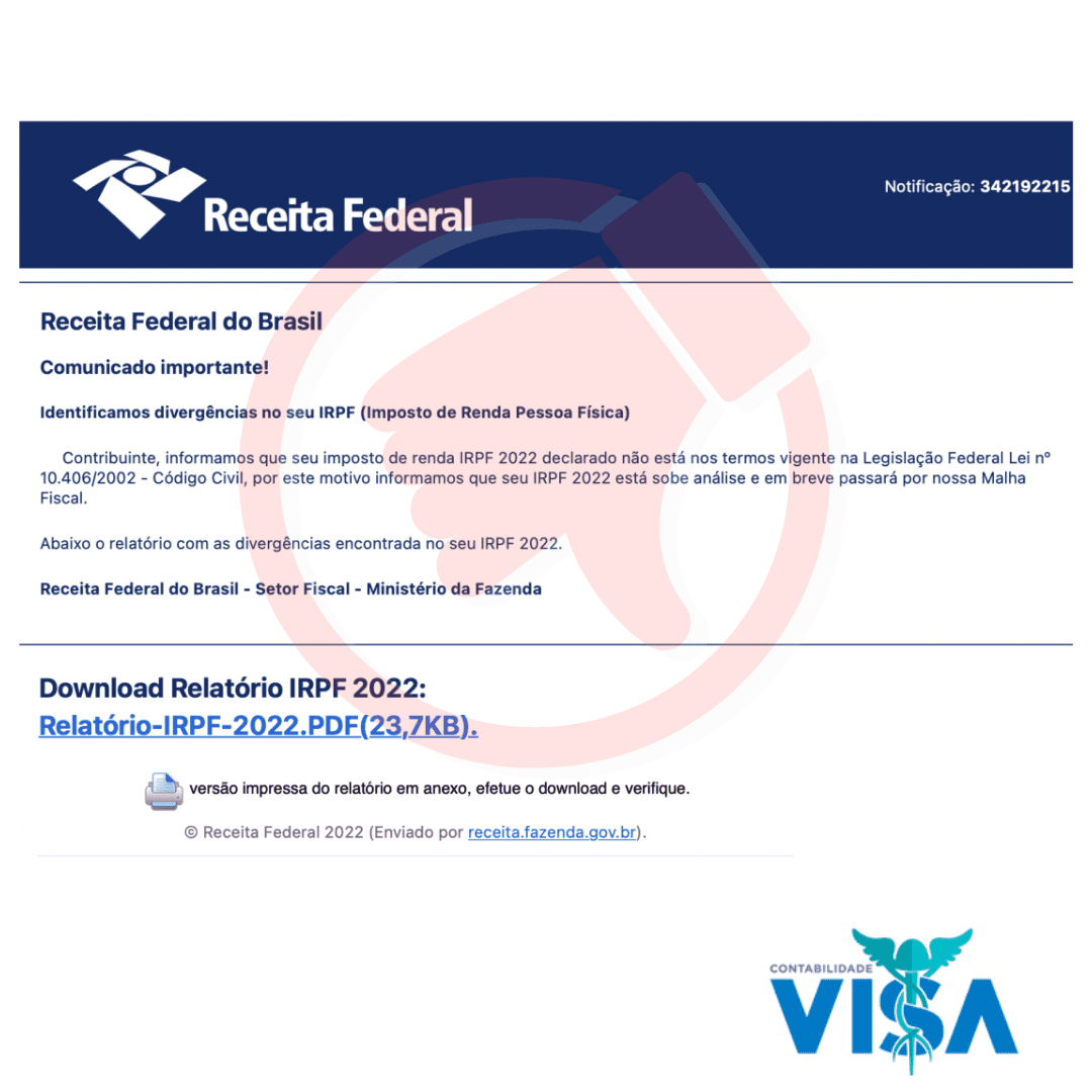 E-mail Receita Federal – Imposto de Renda Divergência